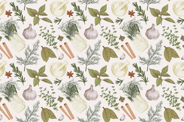 Fototapete Dekoratives Muster mit Kräutern und Gemüse