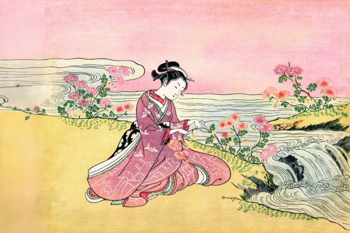 Fototapete Frau zwischen Blumen im japanischen Stil