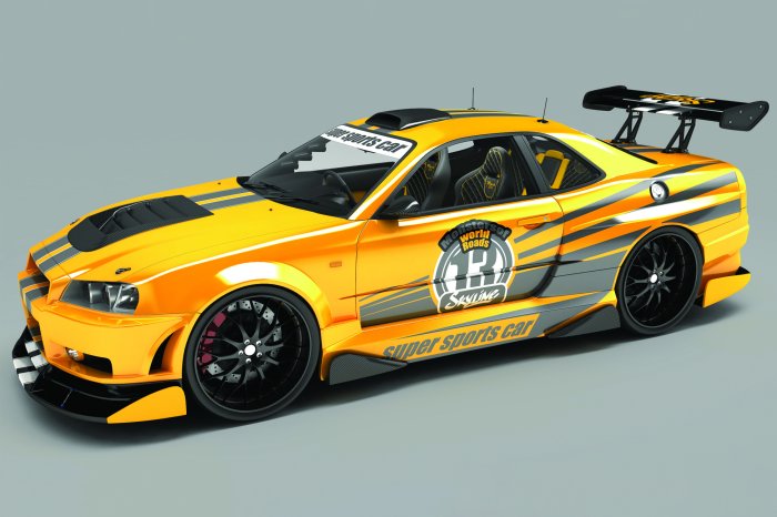 Fototapete Sportliches gelbes Auto auf grauem Hintergrund