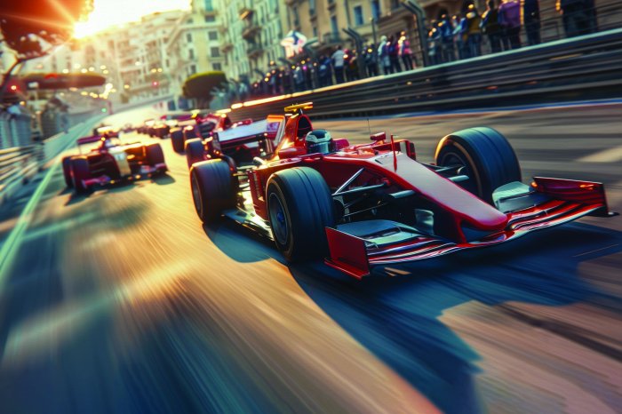 Fototapete F1-Bolide rast mit hoher Geschwindigkeit durch die Stadt