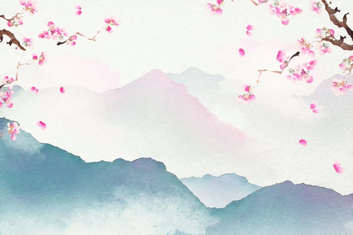 Fototapete Aquarell von Hügeln mit Kirschblüten