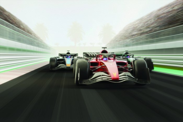 Fototapete Rennwagen rasen auf der Strecke vor Palmenkulisse