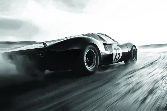 Fototapete Schwarzweiß-Foto eines Autos im Retro-Stil