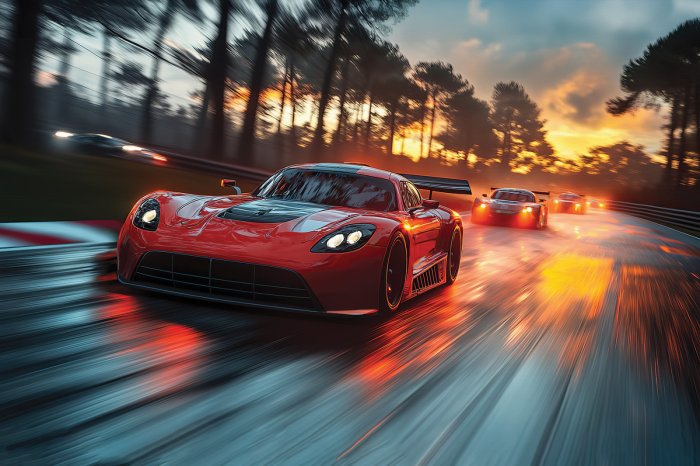 Fototapete Dynamisches Rennen von Sportwagen bei Sonnenuntergang
