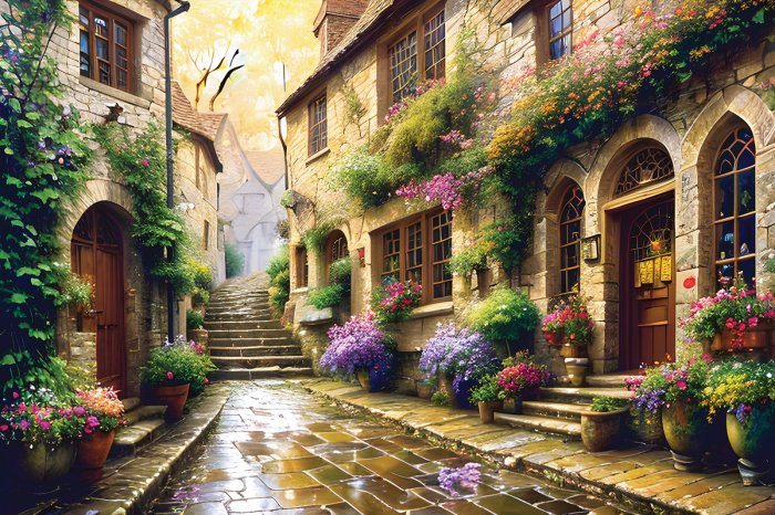 Fototapete Gasse mit Mietshäusern zwischen Blumen