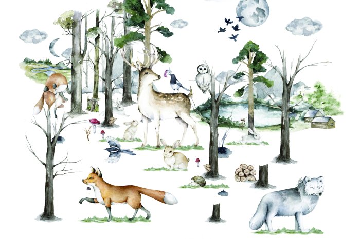 Fototapete Waldlandschaft mit wilden Tieren