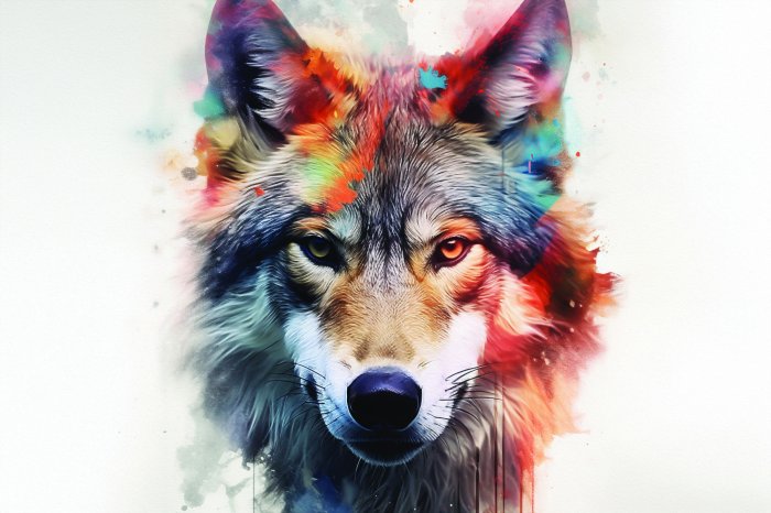 Fototapete Aquarellporträt eines ausgewachsenen Wolfs﻿