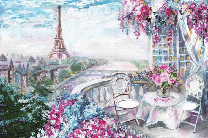 Fototapete Malerische Terrasse voller Blumen mit Paris im Hintergrund