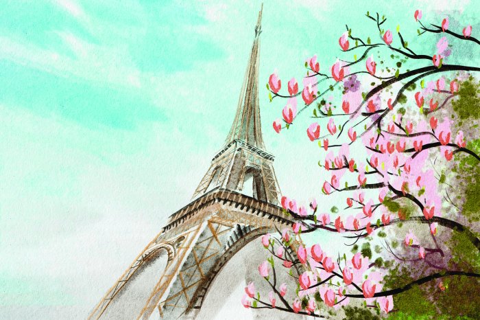 Fototapete Gemalte Kirschblüte vor dem Eiffelturm