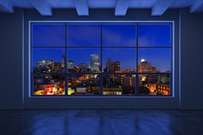 Fototapete Blick aus dem Fenster auf die nächtliche Stadt