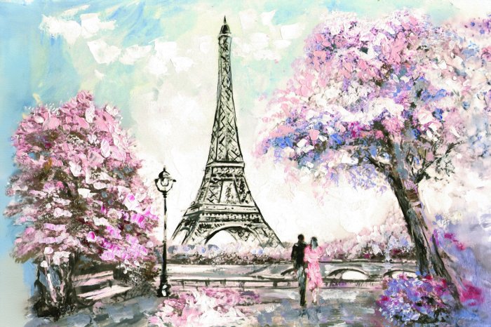 Fototapete Gemalte Landschaft von Paris mit Kirschblüten