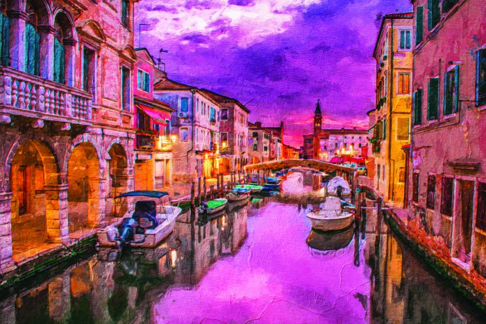 Fototapete Gemalte Venedig mit Booten vor der Kulisse einer Kathedrale