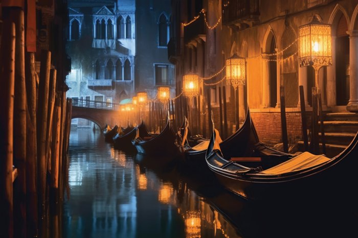 Fototapete Landschaft der venezianischen Häuser mit Booten