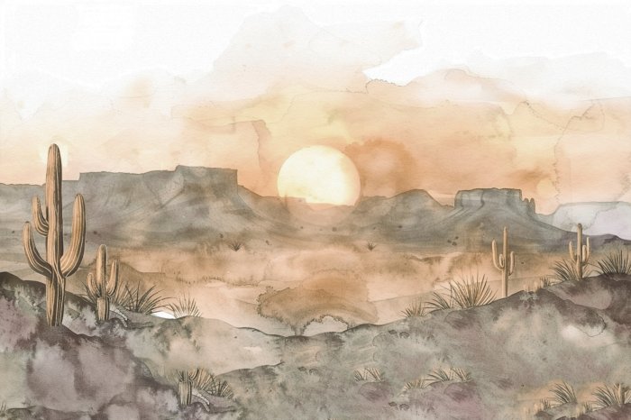 Fototapete Aquarell von Kakteen und Bergen in der Wüste