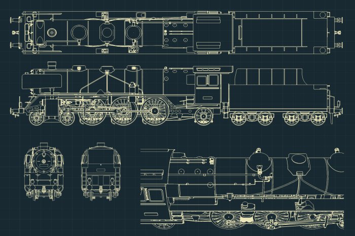 Fototapete Skizzen von Teilen einer Dampflokomotive