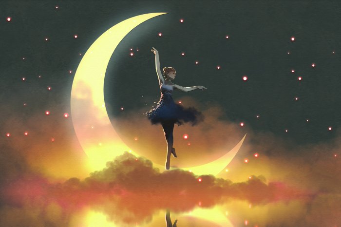 Fototapete Ballerina, die auf dem Mond zwischen Wolken steht