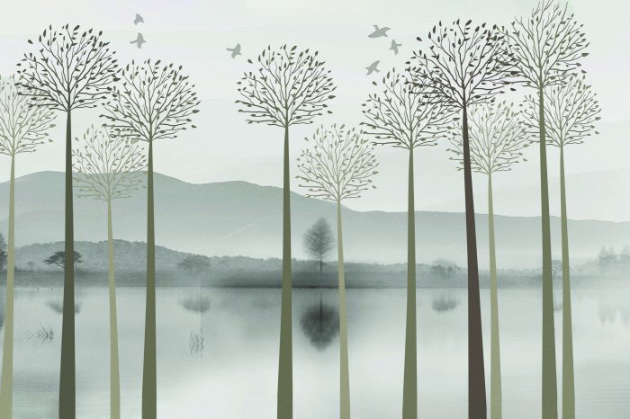 Fototapete Bäume am Fluss vor einem Bergpanorama