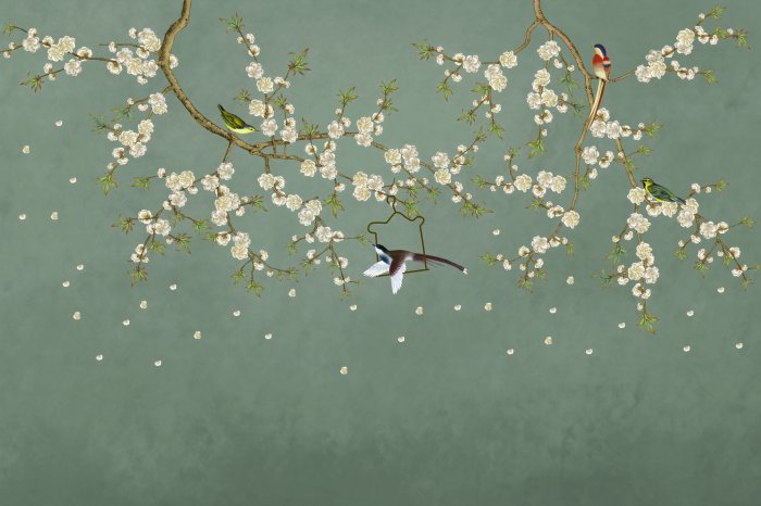 Fototapete Kirschblütenzweige mit Vögeln