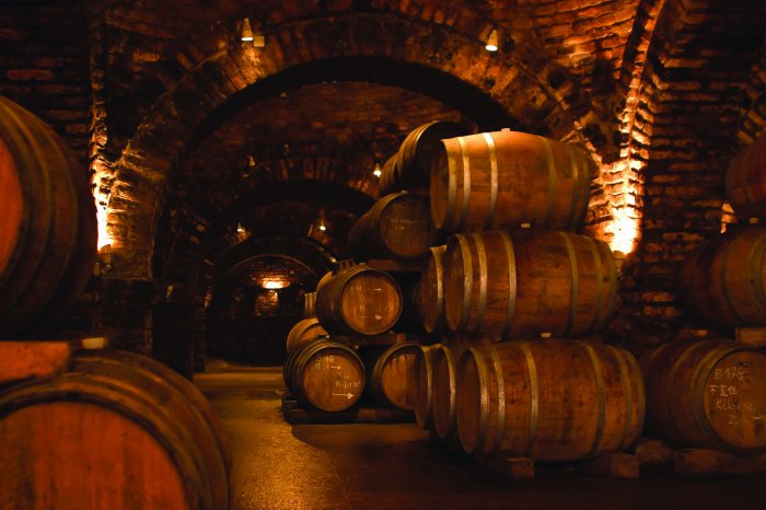 Fototapete Dunkler Keller mit Fässern