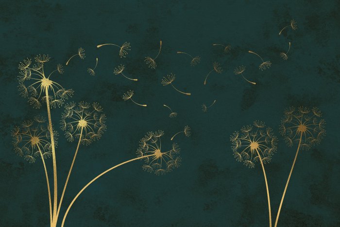 Fototapete Goldene Löwenzähne auf grünem Hintergrund