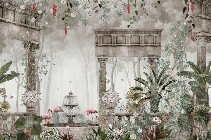 Fototapete Tropischer Wald mit einem Brunnen und Säulen