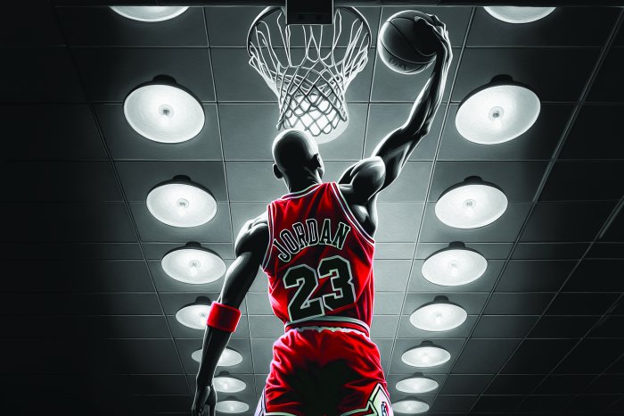 Fototapete Sportler, der den Ball in den Korb wirft