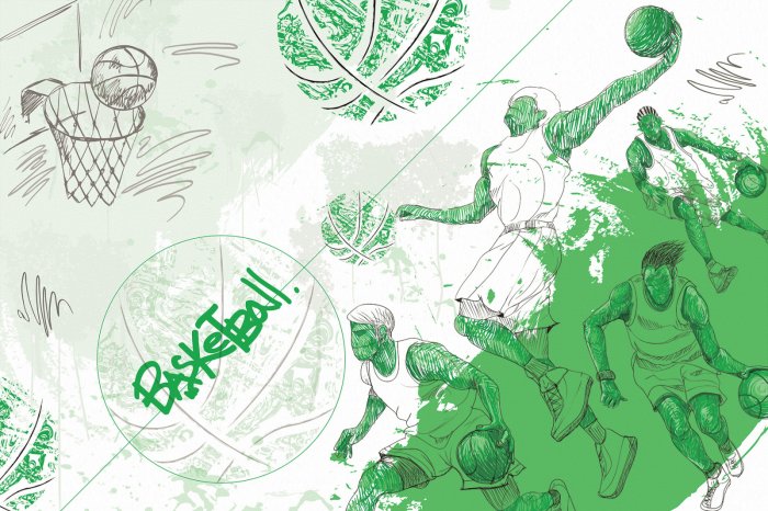 Fototapete Basketballspieler, die im Grün zum Korb werfen