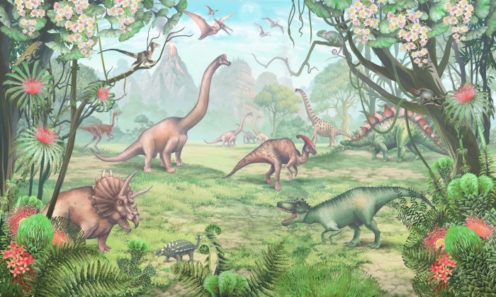 Fototapete Dinosaurier in den Tropen mit Vulkanen