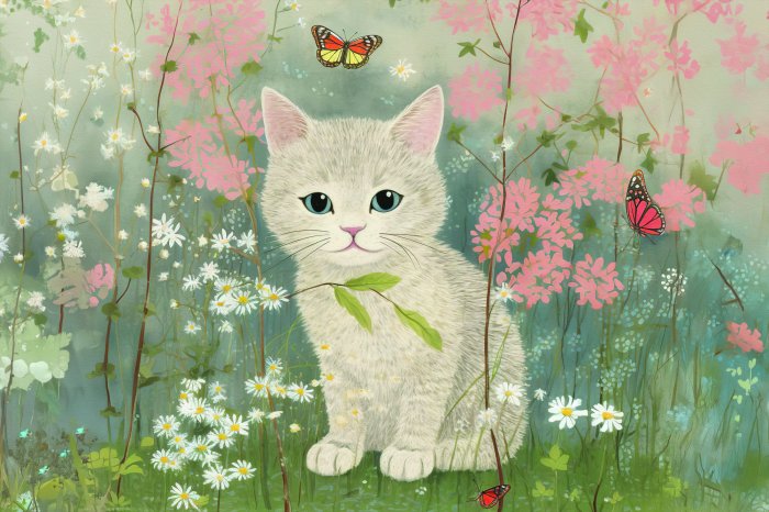 Fototapete Weiße Katze auf einer Wiese mit Blumen und Schmetterlingen