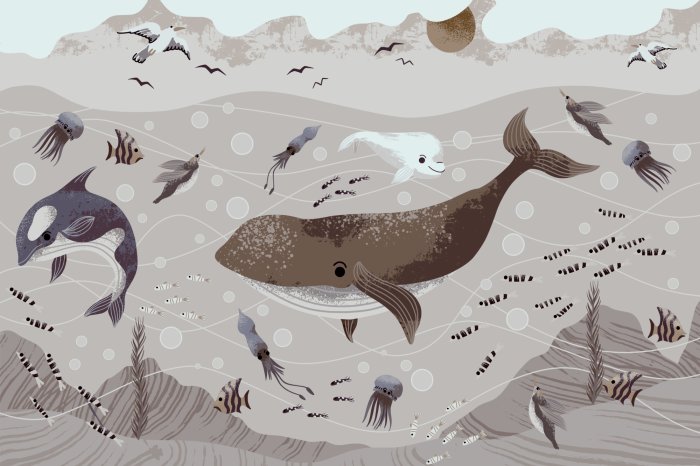 Fototapete Wal mit Quallen in der Unterwasserwelt