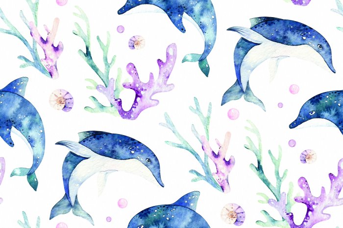 Fototapete Gemaltes Bild mit Delfinen und Riff