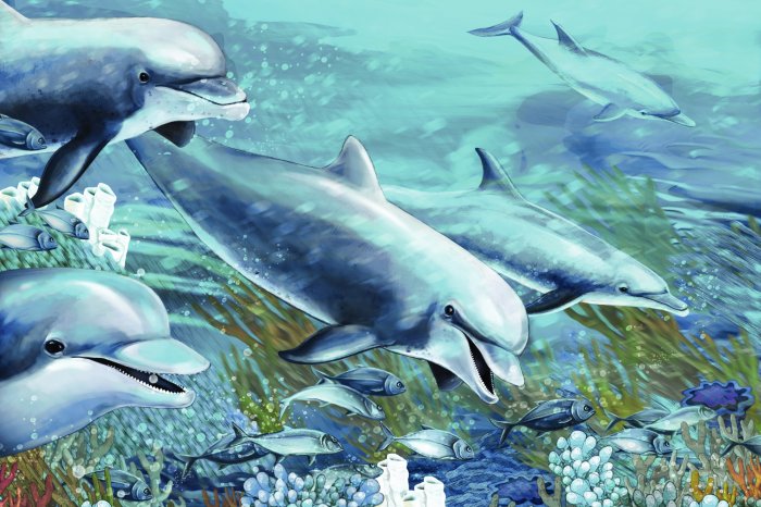 Fototapete Delfine, die unter Korallenriffen schwimmen