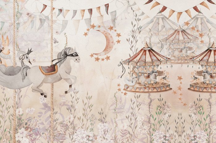 Fototapete Märchenhafte Vegetation mit Karussells und Pferden