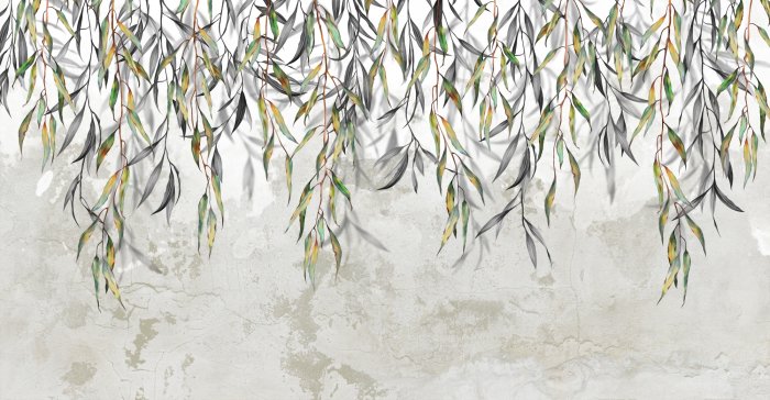 Fototapete Hängende grüne Triebe des Baumes mit Blättern