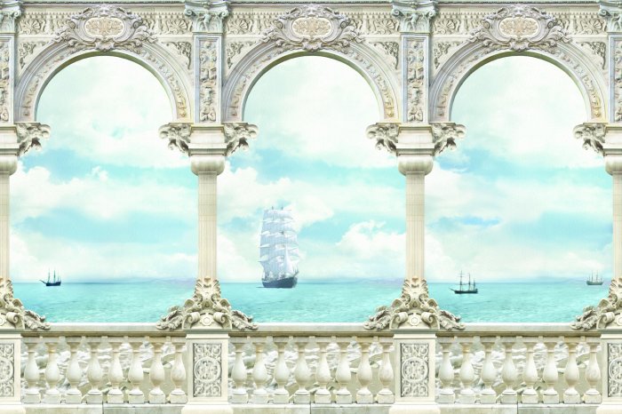 Fototapete Schiffe auf See, gesehen von einer historischen Terrasse