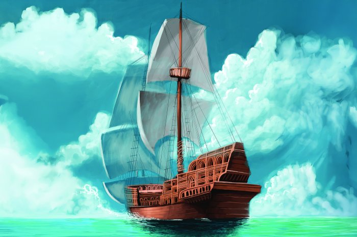 Fototapete Holzschiff mit weißen Segeln auf dem Meer