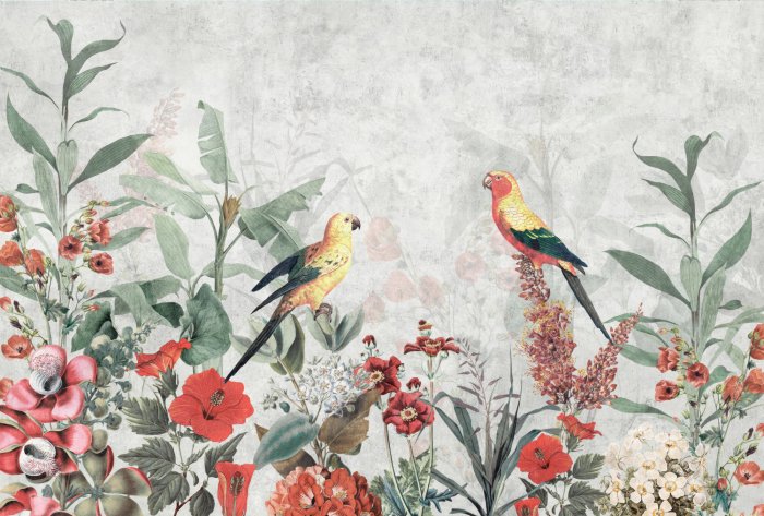 Fototapete Rote tropische Blumen, Blätter und Papageien