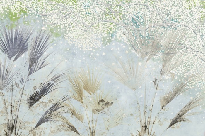 Fototapete Blühender Baum und Palmblätter auf Betonhintergrund