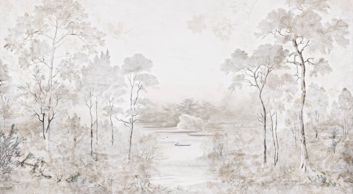 Fototapete Landschaft mit Bäumen und Fluss in Beigetönen