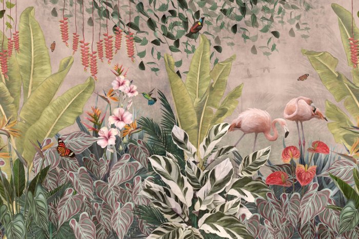 Fototapete Tropisches Paradies mit Flamingos zwischen Blumen