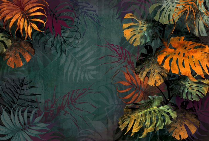 Fototapete Bunte Monstera-Blätter auf grünem Hintergrund