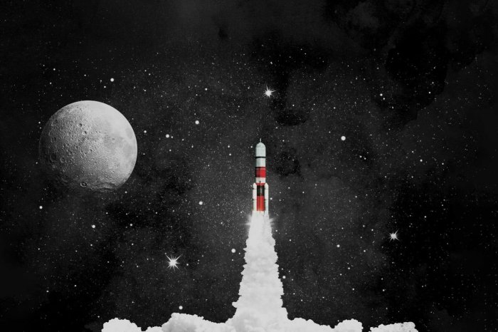 Fototapete Rakete vor Sternenhimmel und Mond Illustration