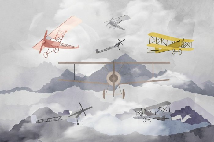 Fototapete Flugzeuge vor Bergkulisse Landschaft Aquarellillustration