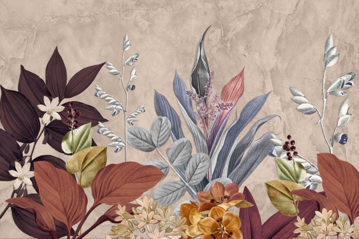 Fototapete Bunte tropische Blätter an der Wand