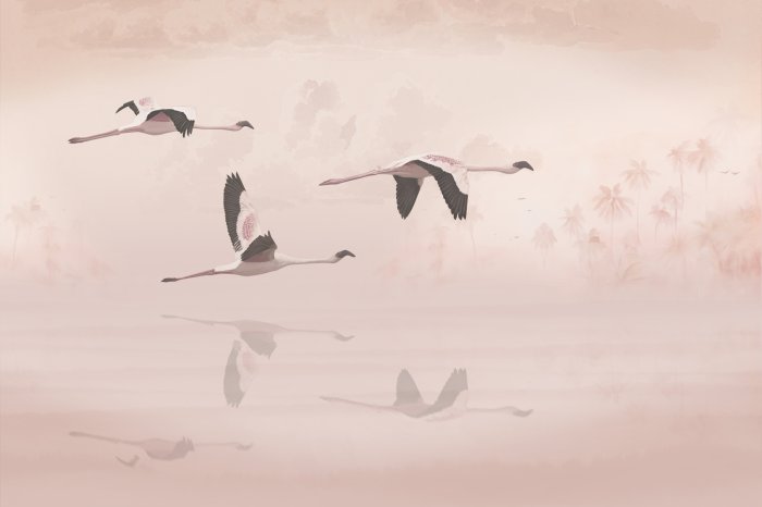 Fototapete Fliegende Vögel vor Palmen und Wolken