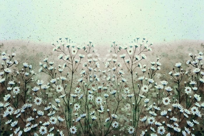 Fototapete Gemalte Wiese mit Gänseblümchenblumen