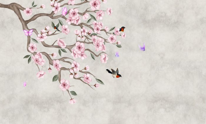 Fototapete Rosa Kirschblüten mit Vögeln auf Beton