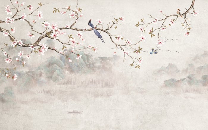 Fototapete Vogel auf einem Kirschzweig vor Bergen und See