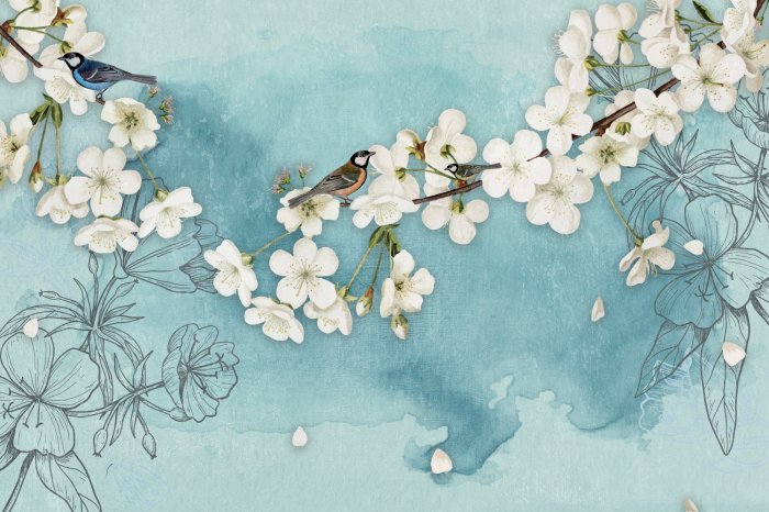 Fototapete Kirschbaum vor einem Hintergrund mit gezeichneten Blumen