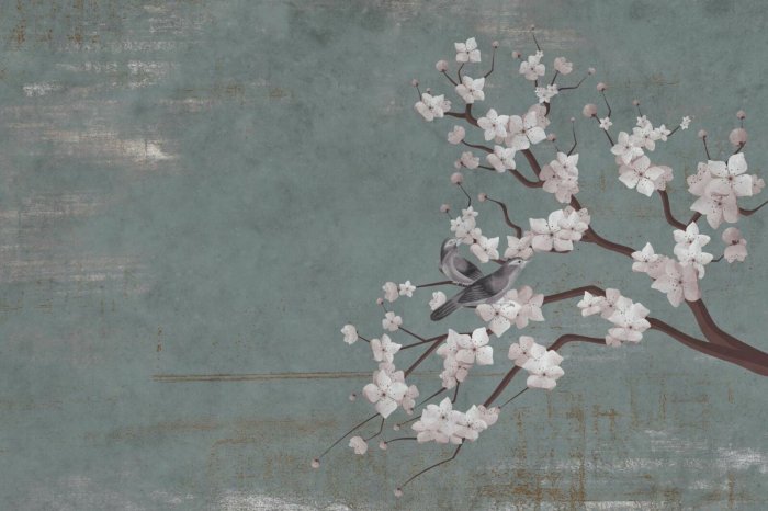 Fototapete Gemalte weiße Kirschblüten mit Vögeln an einer Wand